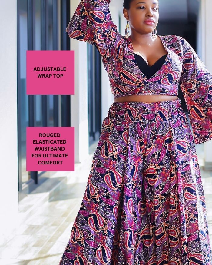 Silk Summer Wrap Top/Aladdin Pants- Navy/Purple Paisley