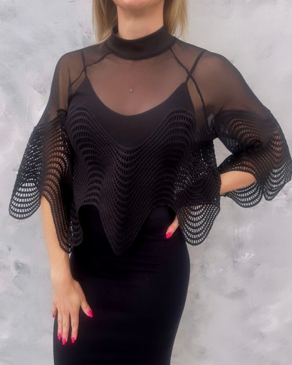 Mesh Poncho Tops - Black