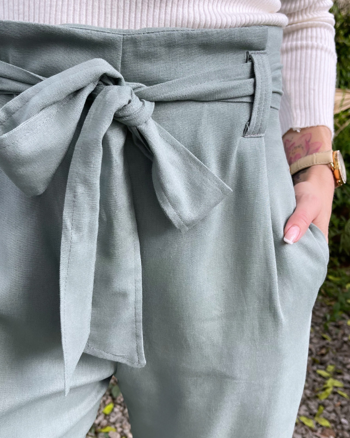 Linen Paperbag  Styled Pants - Sage