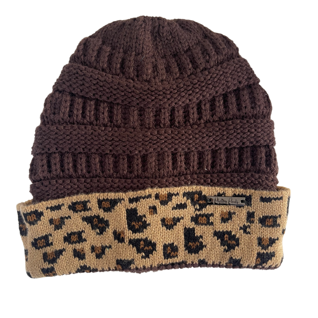 Woolen Beanies - Brown Leopard Print Full Beanie