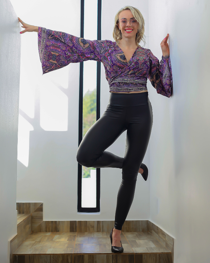 Silk Summer Wrap Top/Aladdin Pants- Navy/Purple Paisley