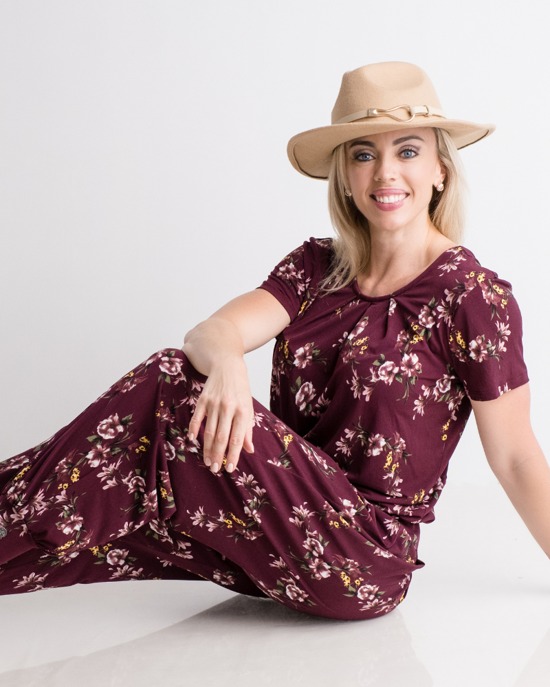 Sleeved Jumpsuit - Maroon Floral