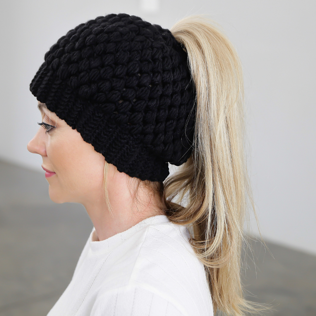 Crocheted Beanie - Black High Pony