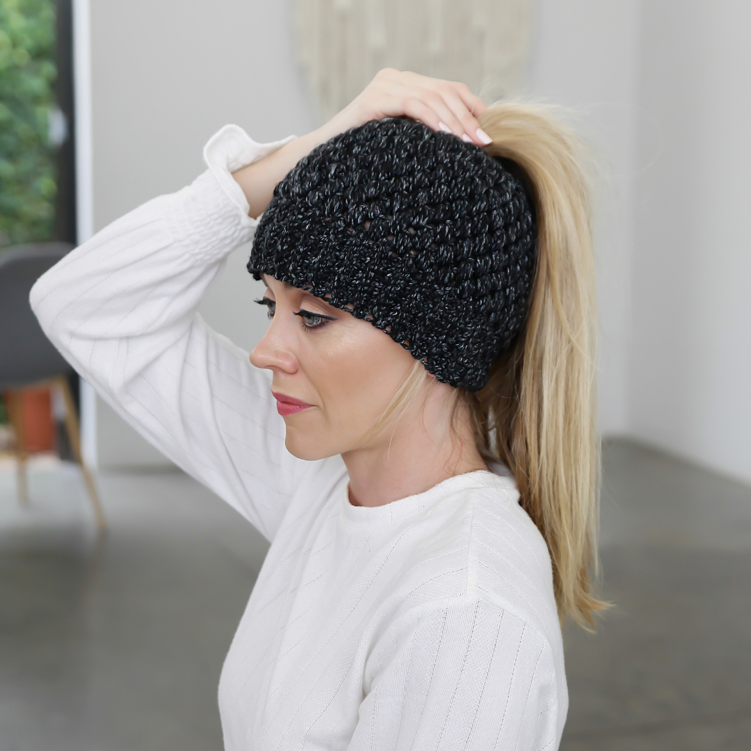Crocheted Beanie - Charcoal Grey High Pony