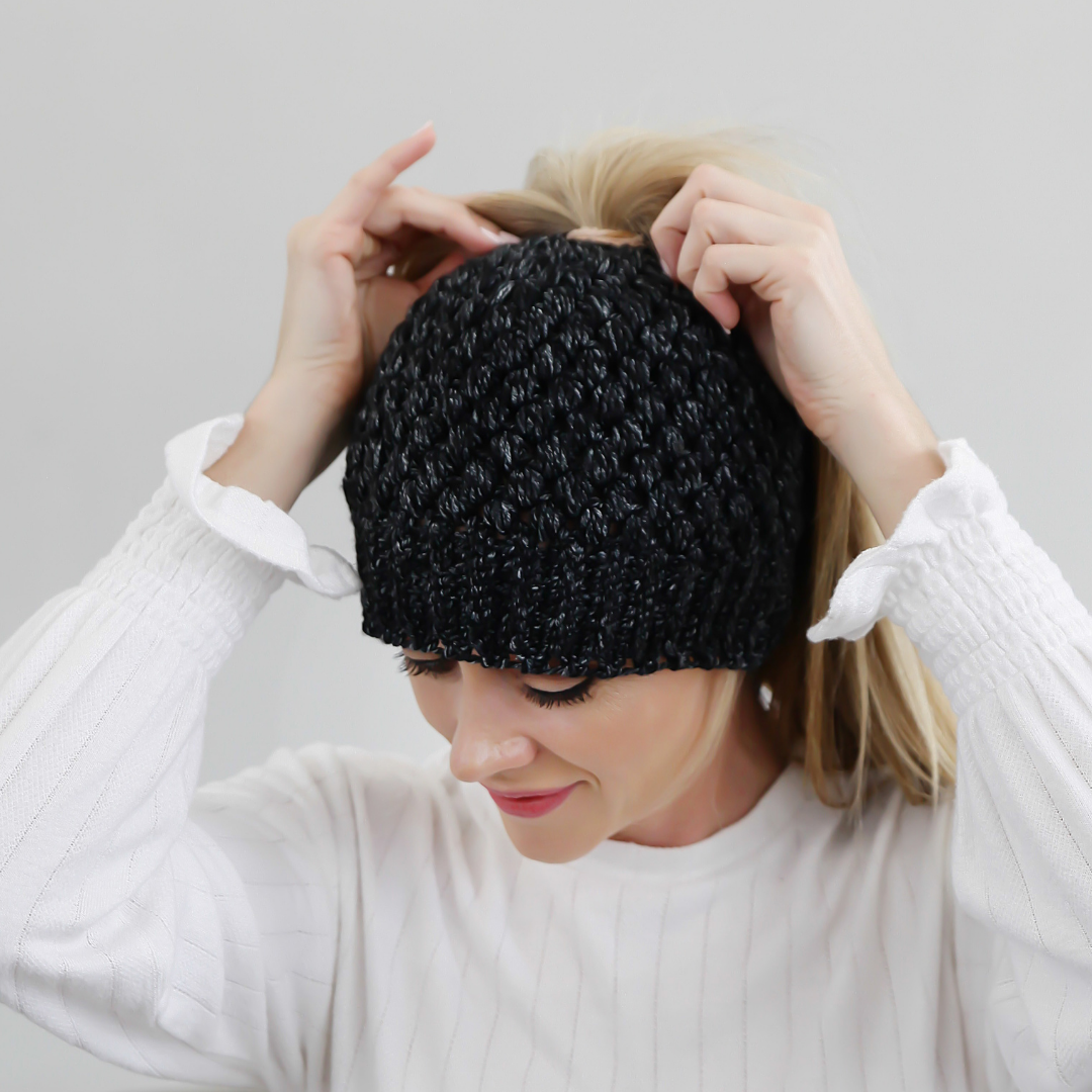Crocheted Beanie - Charcoal Grey High Pony